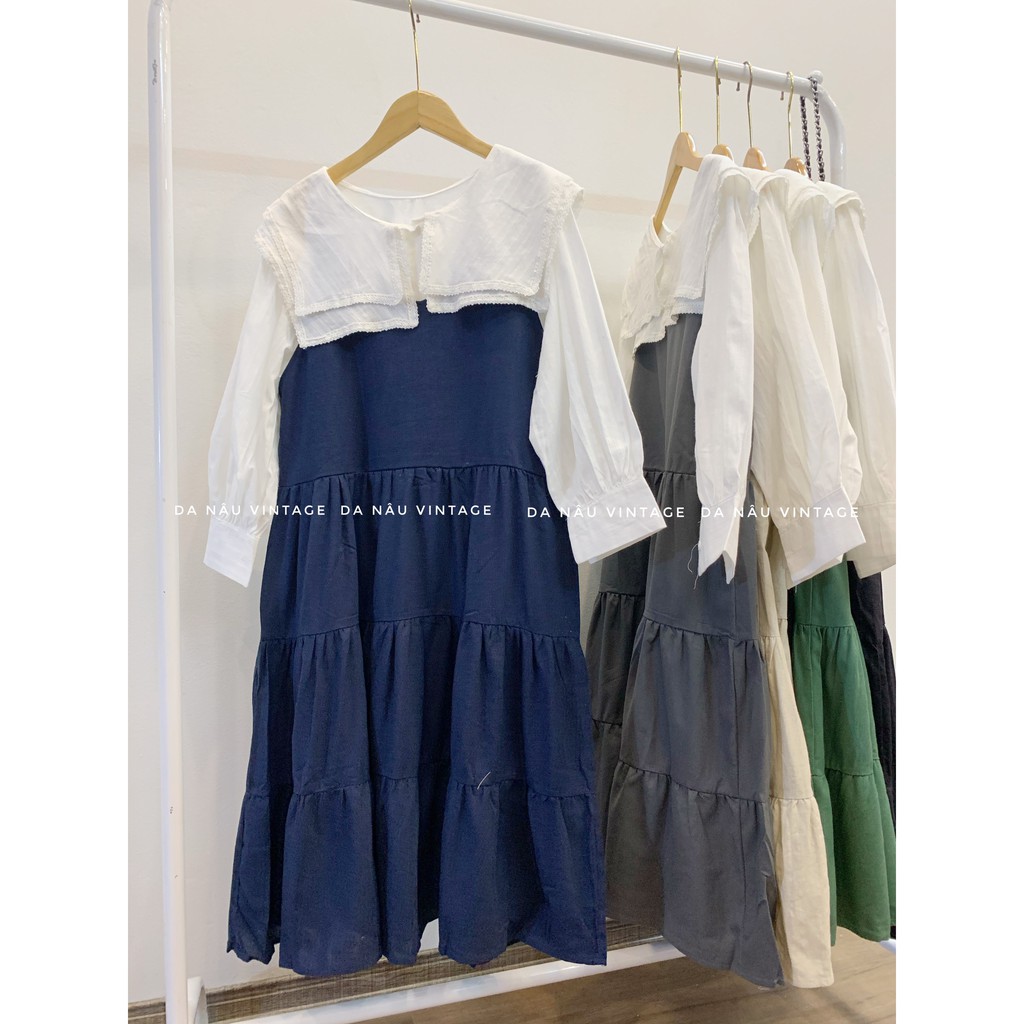 Đầm yếm linen dài dáng Babydoll tầng xòe rộng (không kèm áo trong) – Da Nâu Vintage