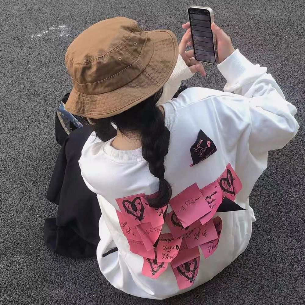 Jiashucheng Áo Sweatshirt Dáng Rộng Hình Nốt Nhạc Trái Tim Dính Phong Cách Hàn Quốc Dễ Phối Đồ