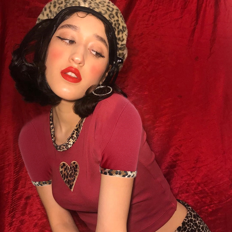Sexy Women Slim Leopard Love Print Tops Round Neck Short Sleeve Casual Tshirt