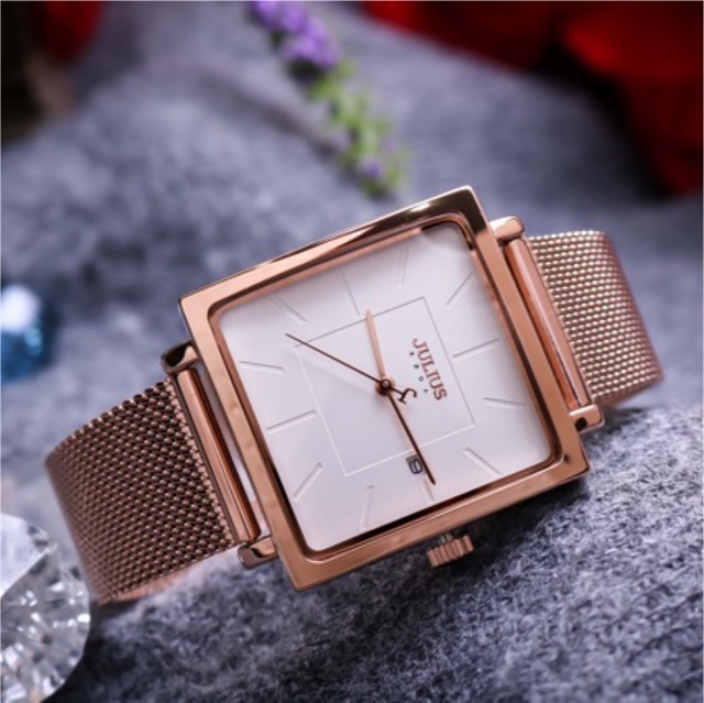 Đồng hồ unisex JULIUS Hàn Quốc JA-1207B mặt vuông dây thép có lịch (Đồng)