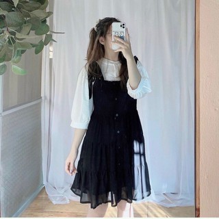 Set áo và váy yếm buộc dây nơ/ Bộ váy yếm babydoll kèm áo sơ mi cài cúc