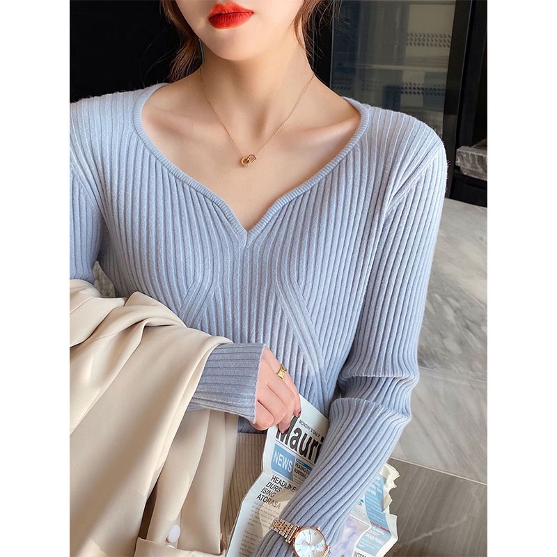 Áo sweater Dệt Kim Tay Dài Cổ Chữ V Dáng Ôm Phong Cách Thời Trang Mới Dành Cho Nữ