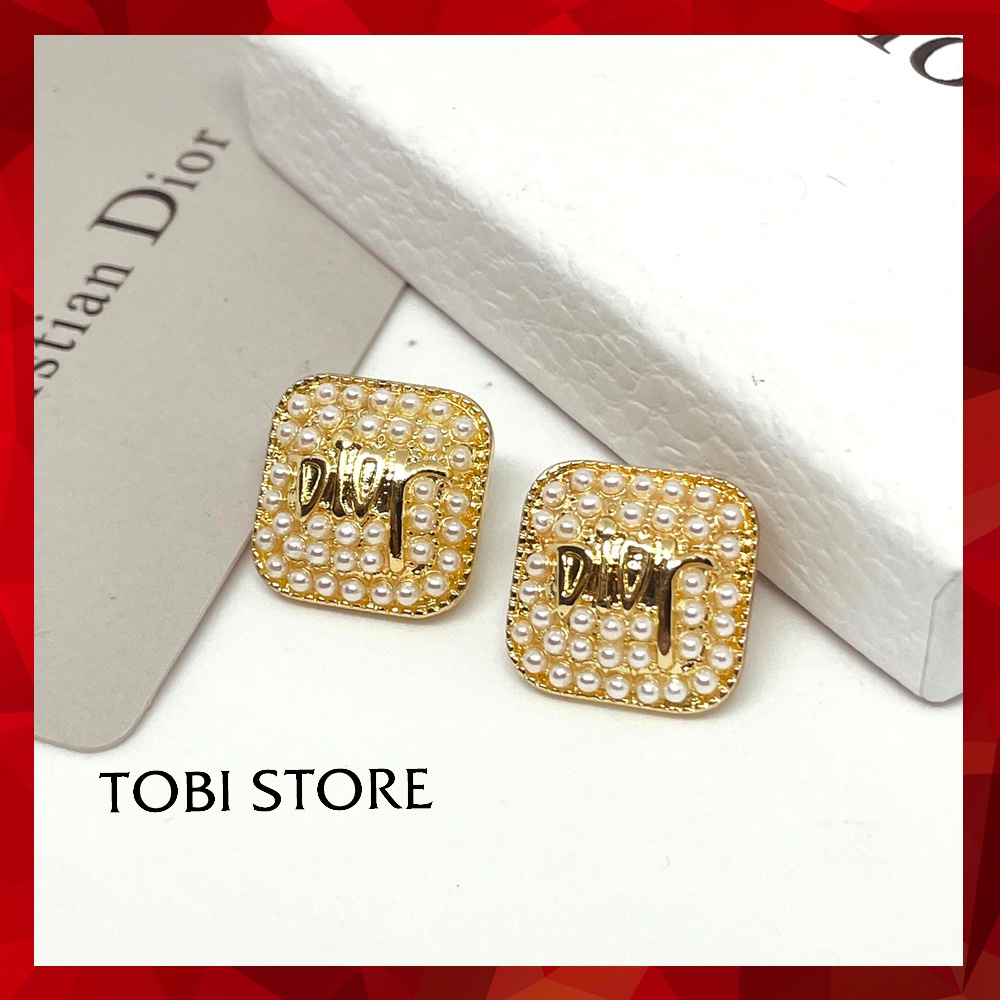 Bông tai nữ thương hiệu D dạng nụ hình vuông đính ngọc sang chảnh TOBI STORE TB356