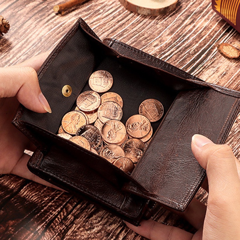 Ví Da Nam Dáng Ngắn Gập Đôi Vintage Giá Đỡ