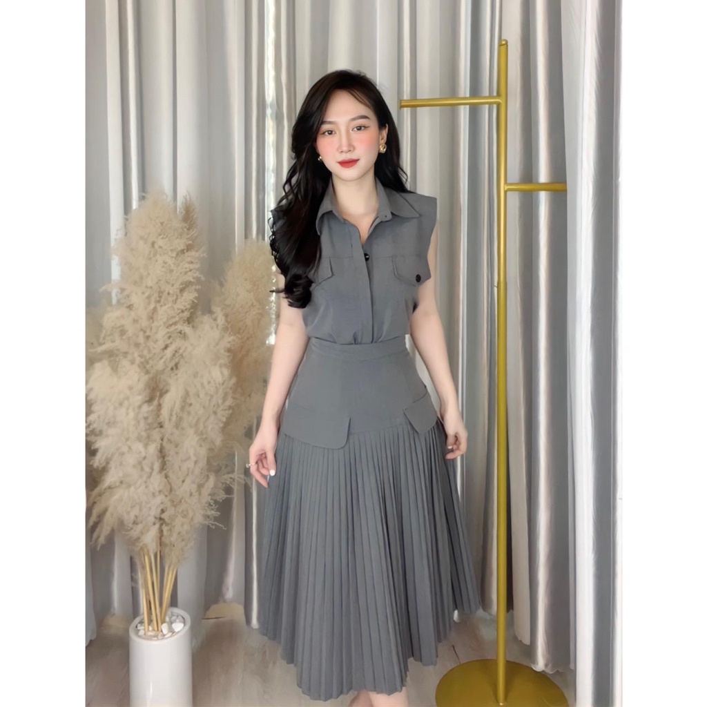 Set chân váy xếp ly dáng dài kèm áo ảnh thật chuẩn mẫu- Trang Hiền Hồ Boutique
