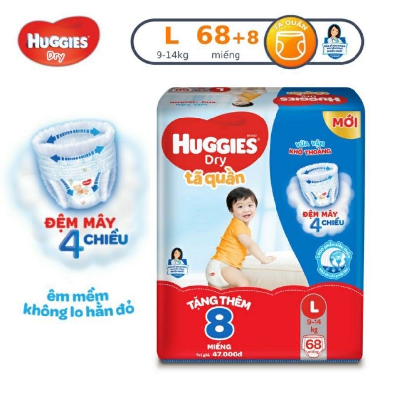 [Mẫu mới - Tặng 8 miếng] Tã quần Huggies Dry M74/L68/XL62/XXL56