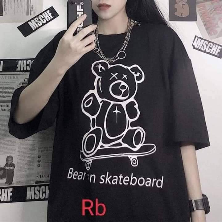 Áo Phông Nữ Form Rộng Dáng Unisex, Áo Thun Tay Lỡ Freesize Chất Cotton Co Dãn 4 Chiều Hình Gấu
