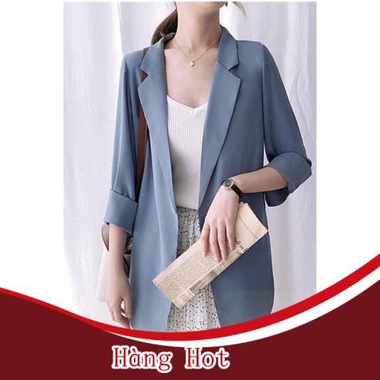 Áo vest-blazer dáng suông tay lật chất liệu trượt mùa hè mỏng mát bay dáng phong cách Hàn Quốc