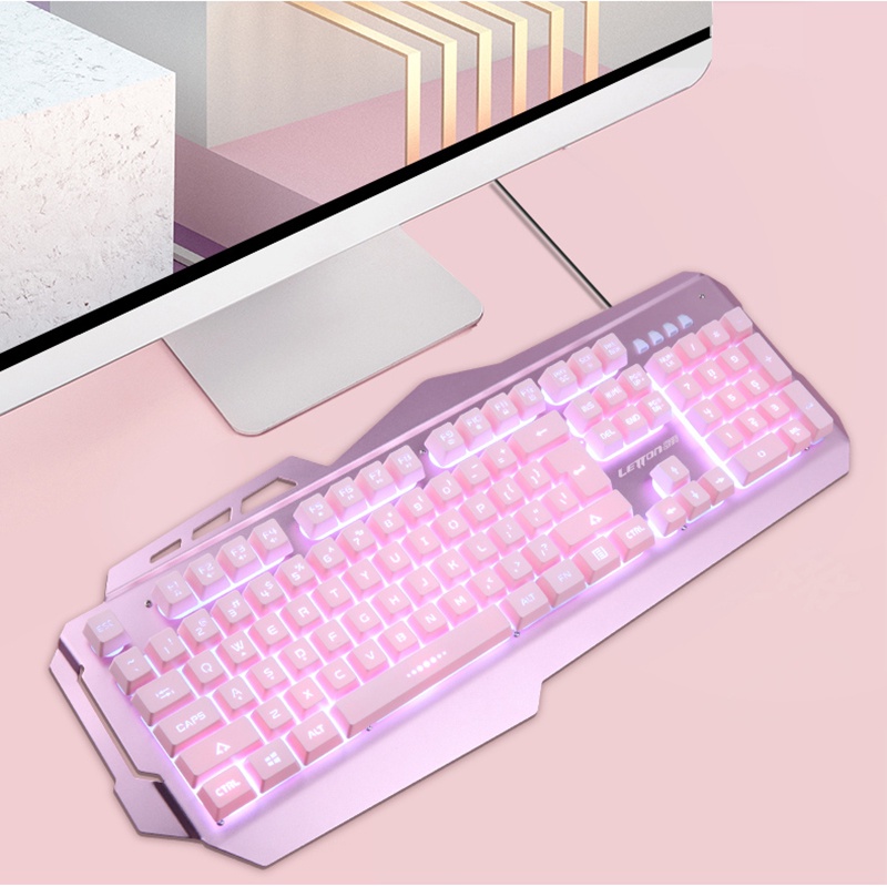 Bàn phím dây chơi game màu hồng có đèn nèn dễ thương thích hợp cho nữ giao diện USB