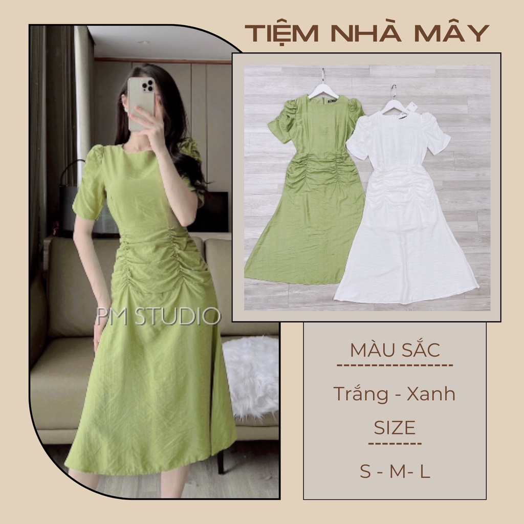 Đầm Cổ Tròn 2 Màu Xanh Cốm, Trắng Dúm Hông