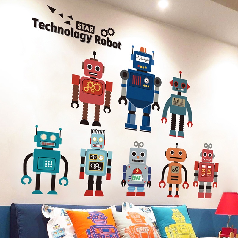 Miếng Dán Tường Trang Trí Phòng Trẻ Em Hình Robot Hoạt Hình 3D Sáng Tạo