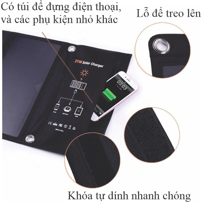 Tấm pin năng lượng mặt trời gấp gọn 21W - Dùng đi phượt, dã ngoại, cắm trại...