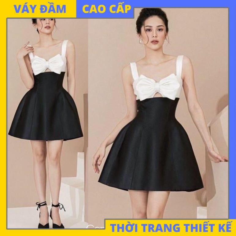 Đầm hai dây xoè nơ ngực Taffta quyến rũ sang trọng đi chơi dự tiệc [HÀNG THIẾT KẾ CAO CẤP]