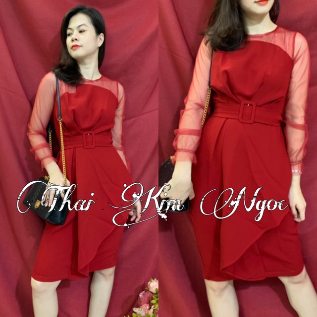 Đầm dự tiệc xếp ngực thắt eo tay lưới kèm ảnh thật