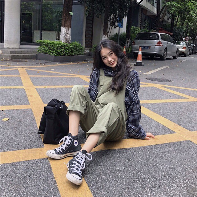 [ ORDER ] quần yếm khaki dài ulzzang / quần yếm ống rộng kaki xanh rêu và đen