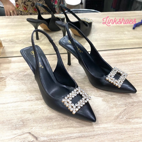 Giày cao gót mũi nhọn sandal hoa đá vuông chất liệu si PU mịn 3 màu đen trắng kem Mã BN02 Link Shoes