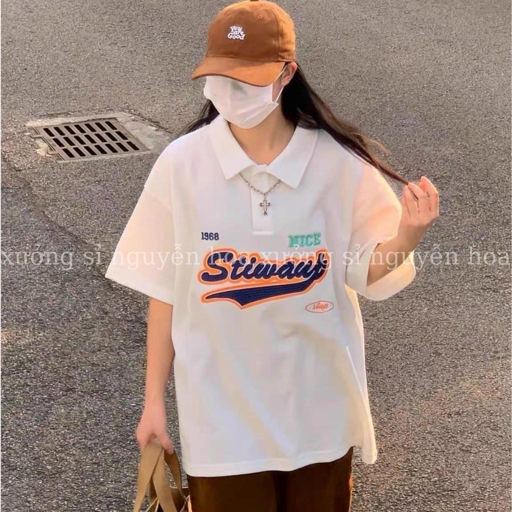 Áo thun polo dáng rộng tay lỡ in chữ NICE kiểu dáng unisex nam nữ mặc được màu be phong cách hàn quốc