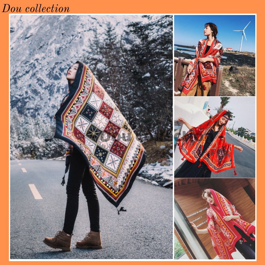 [NowShip2h] Khăn Choàng Quàng Cổ Boho Họa Tiết Thổ Cẩm Ô Vuông Màu Đỏ Đen - Chất Liệu Cotton - Size:90x180cm - Mã KC005