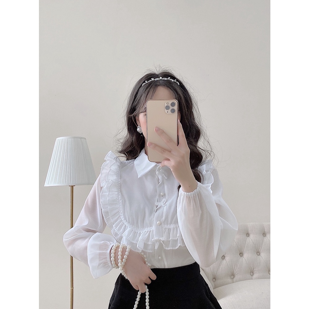 Áo sơ mi cổ viền bèo yếm đính cúc trai nữ LYRA, freeisze dáng suông kèm nơ xinh xắn, tiểu thư-VXYAS0071