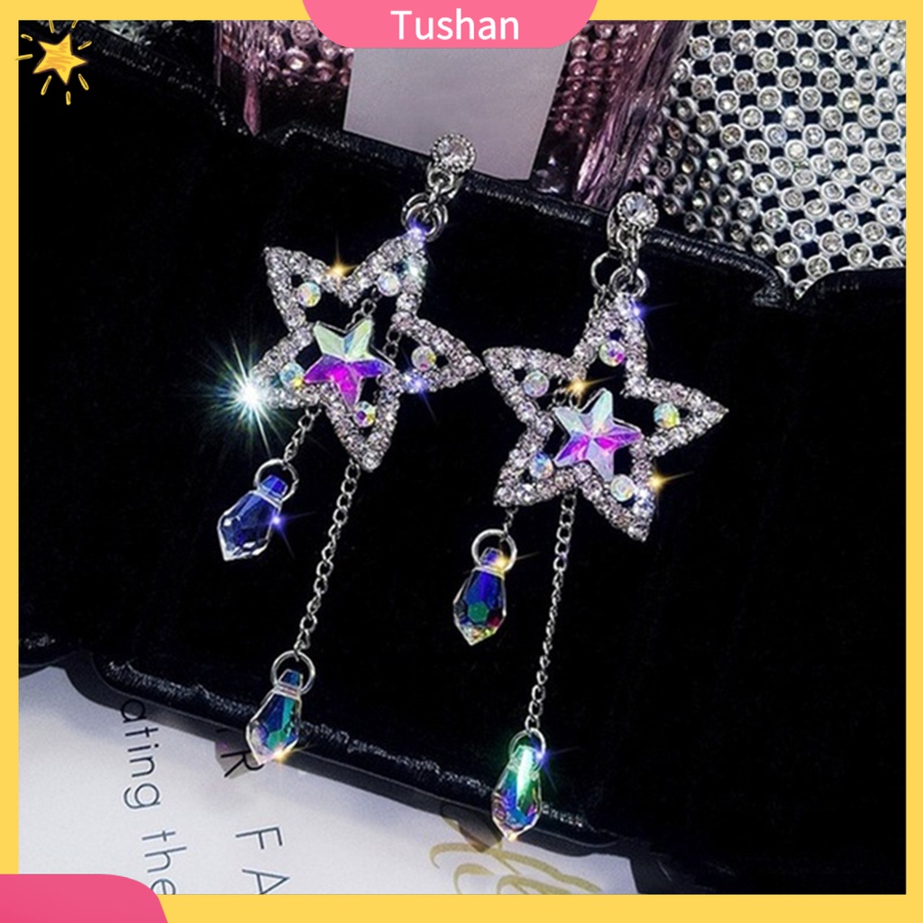 TUSH_Women Cubic Zirconia Inlaid Star Chain Tassel Dangle Stud Earrings Jewelry Gift