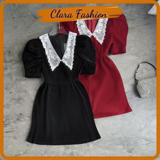 Váy nhung tay bồng cổ ren tay cộc 2 màu clara siêu xinh