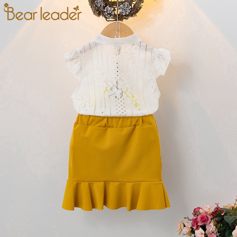 Set áo tay bèo + chân váy ngắn BEAR LEADER màu trơn đáng yêu dành cho bé gái