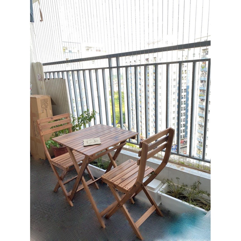 Bàn Ghế Bistro gỗ tự nhiên cafe ban công sân vườn - Bàn &amp; 2 Ghế Ban Công Chung Cư Xuất Khẩu Hàn Quốc