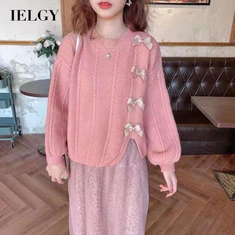 IELGY    Áo sweater Dệt Kim Dáng Rộng Thắt Nơ Phong Cách Nhật Bản Cho Nữ