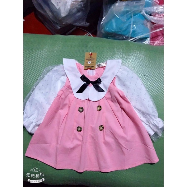 Váy nơ 4 khuy ren tay tiểu thư cho bé gái