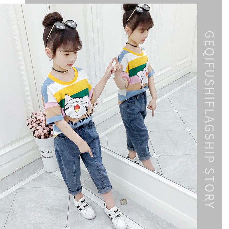 Áo phông bé gái lớn họa tiết mèo the smile