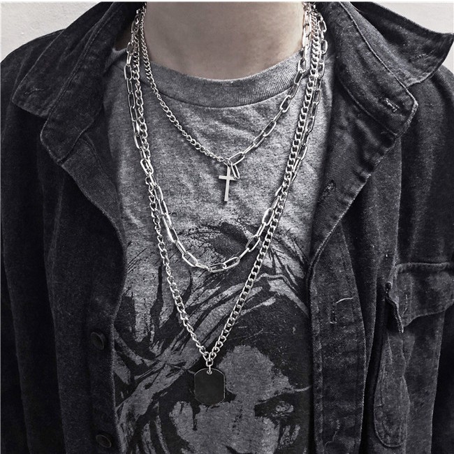Dây chuyền nhiều lớp mặt thánh giá phong cách retro Âu Mỹ cá tính thời trang cho nam và nữ