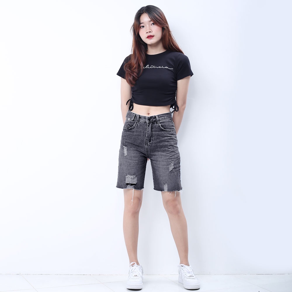 Quần đùi ngố jean nữ cạp siêu cao SAIGONJEAN rách tua lai có nắp QS023