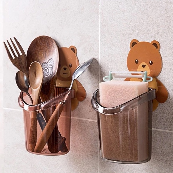 Cốc dán tường hình gấu đựng bàn chải kem đánh răng đồ dùng sinh hoạt nhà tắm bằng nhựa đáy có lỗ không đọng nước Dimino