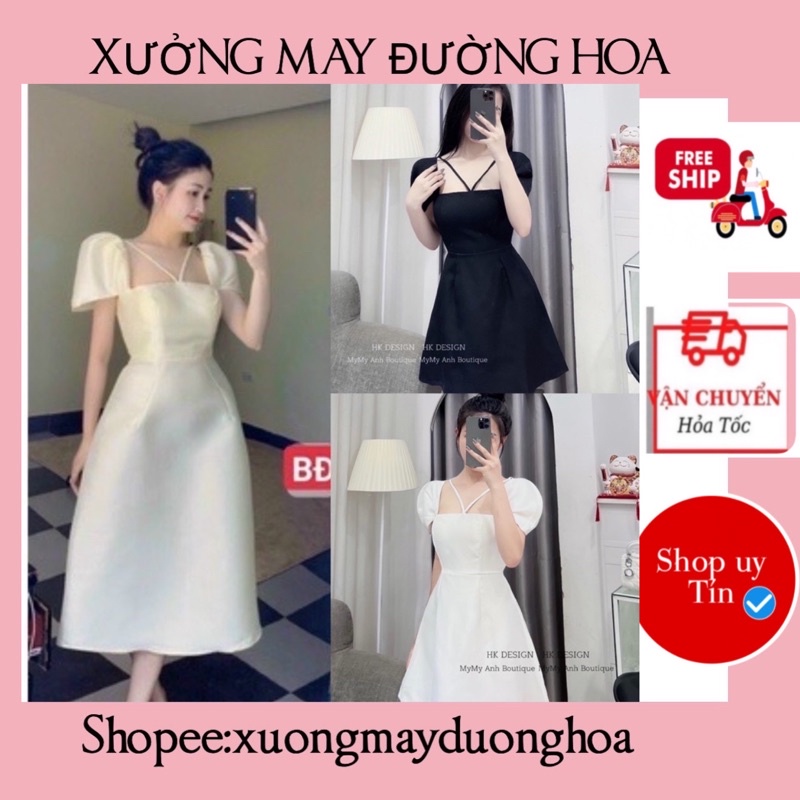 Váy tacta cổ vuông đan dây chéo 2 màu (kèm ảnh thật )