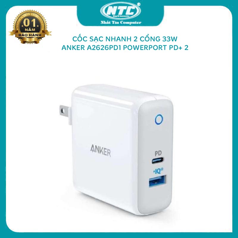 Cốc sạc nhanh 2 cổng Anker A2626PD1 PowerPort PD+ 2 hỗ trợ max 33W, cổng PD 18W (Trắng) - Nhất Tín Computer