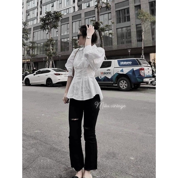 Áo sơ mi chít eo bồng tay hàng thiết kế đẹp Hanna