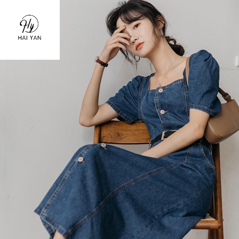 Hy Mùa Hè Mới ✨ Đầm Denim Tay Phồng Cổ Vuông Dáng Suông Phối Thắt Lưng Phong Cách Thời Trang Hàn Quốc Mới