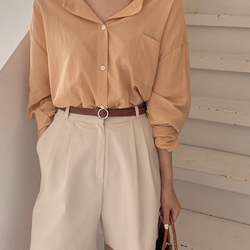 Áo Sơ Mi Cổ V Tay Phồng Màu Cam 35528