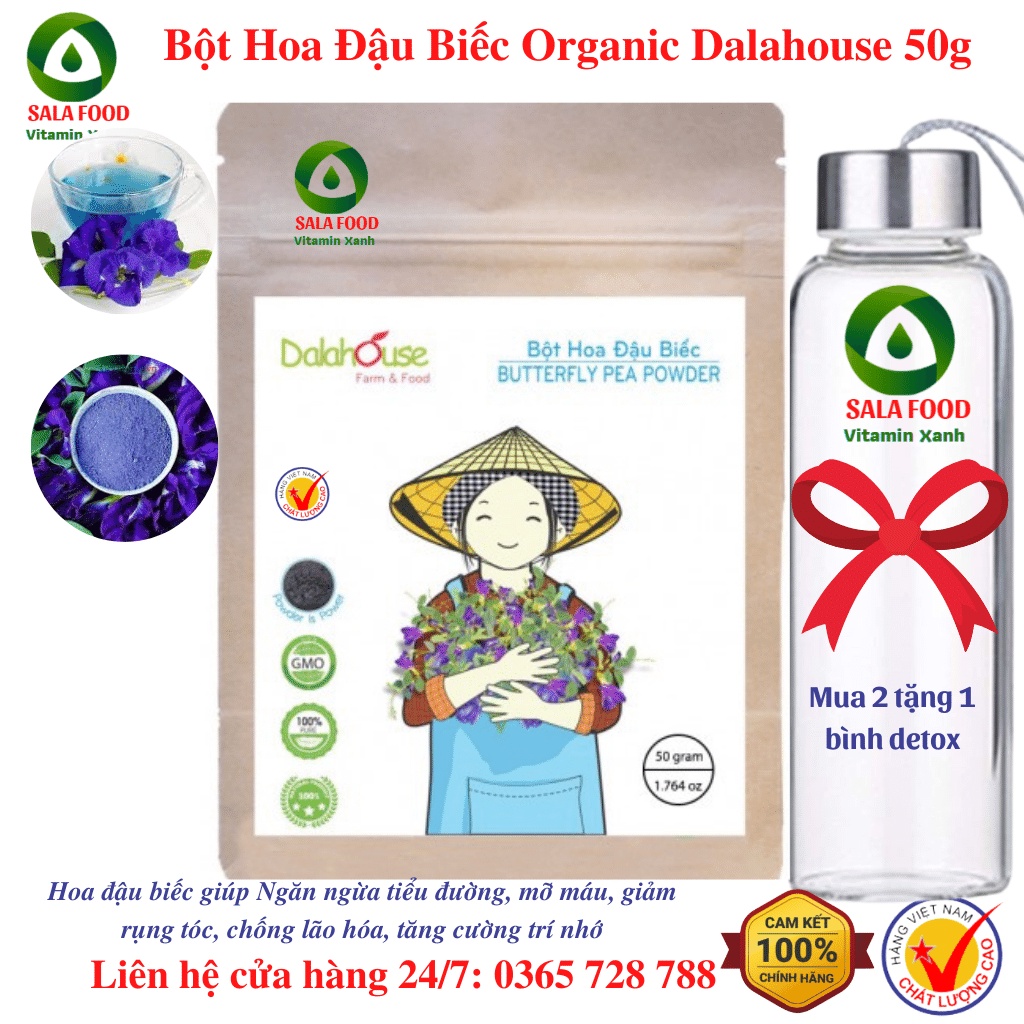 Bột HOA ĐẬU BIẾC nguyên chất Dalahouse - Organic 100%, DATE MỚI NHẤT - Loại 50g.
