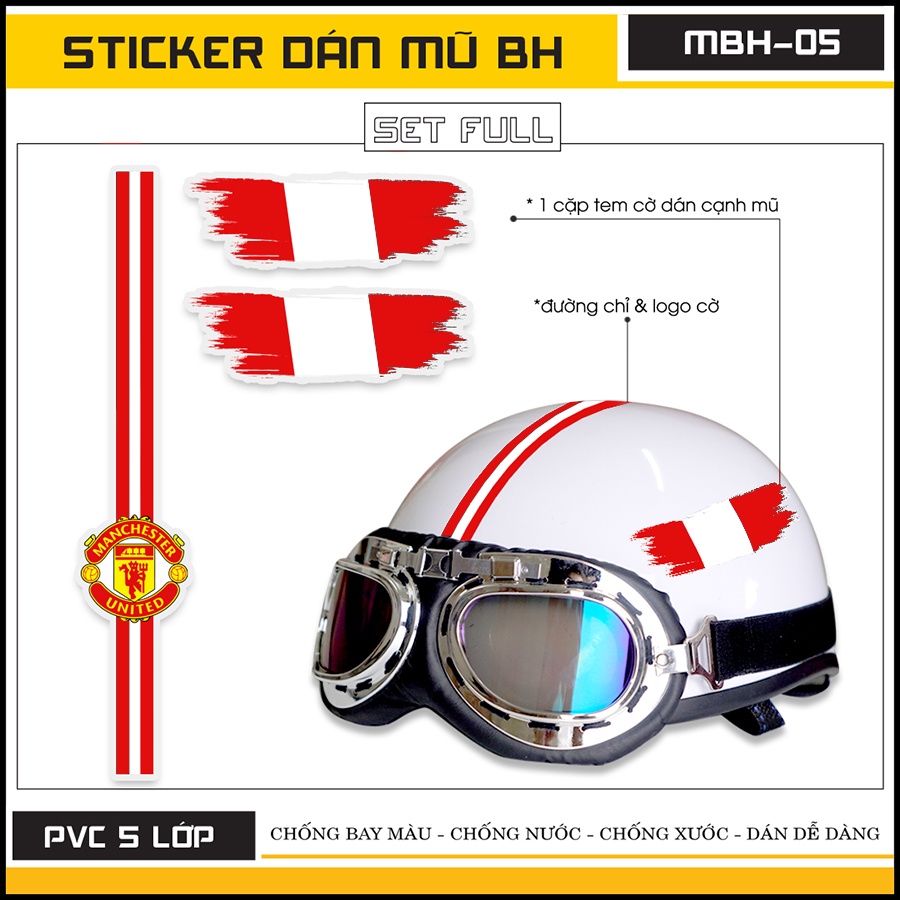 Sticker Dán Nón Bảo Hiểm Kèm Hình Dán Điện Thoại | Decal Dán Nón Logo Manchester United Mã MBH - 05 Cắt Sẵn Từng Hình