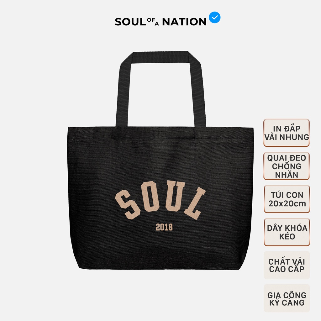 Túi Tote Vải Canvas Cao Cấp - SOUL chữ nhung - Size lớn, Dây đeo không nhăn, Có khóa kéo, Ngăn phụ bên trong