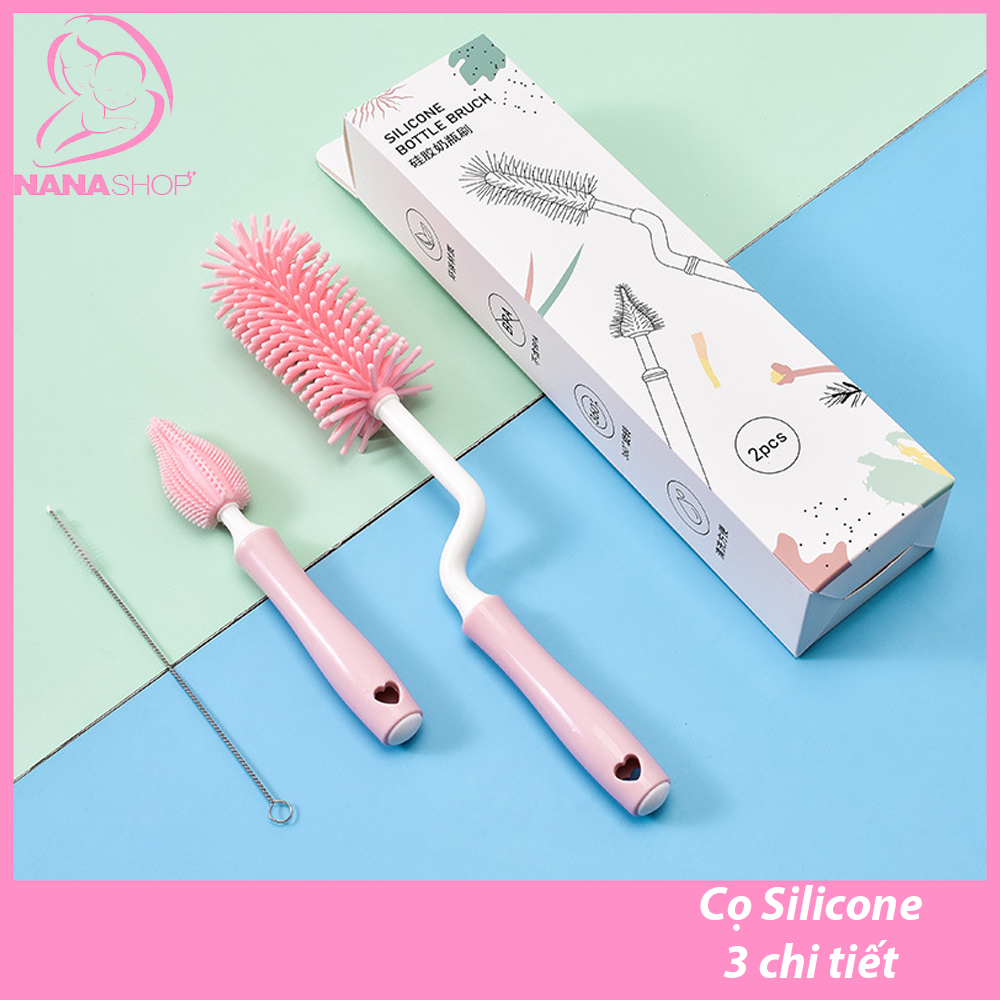 Bộ cọ bình cao cấp silicone 3 chi tiết, tay cầm xoay 360 độ