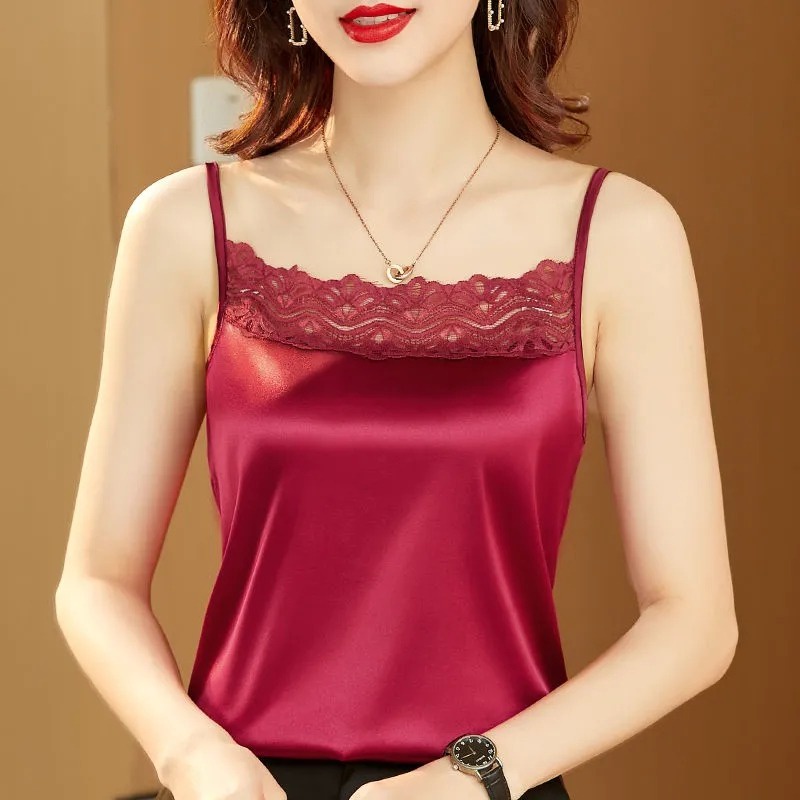 Áo thun sát nách ZHELIHANGFEI vải satin phối ren lưng xinh xắn