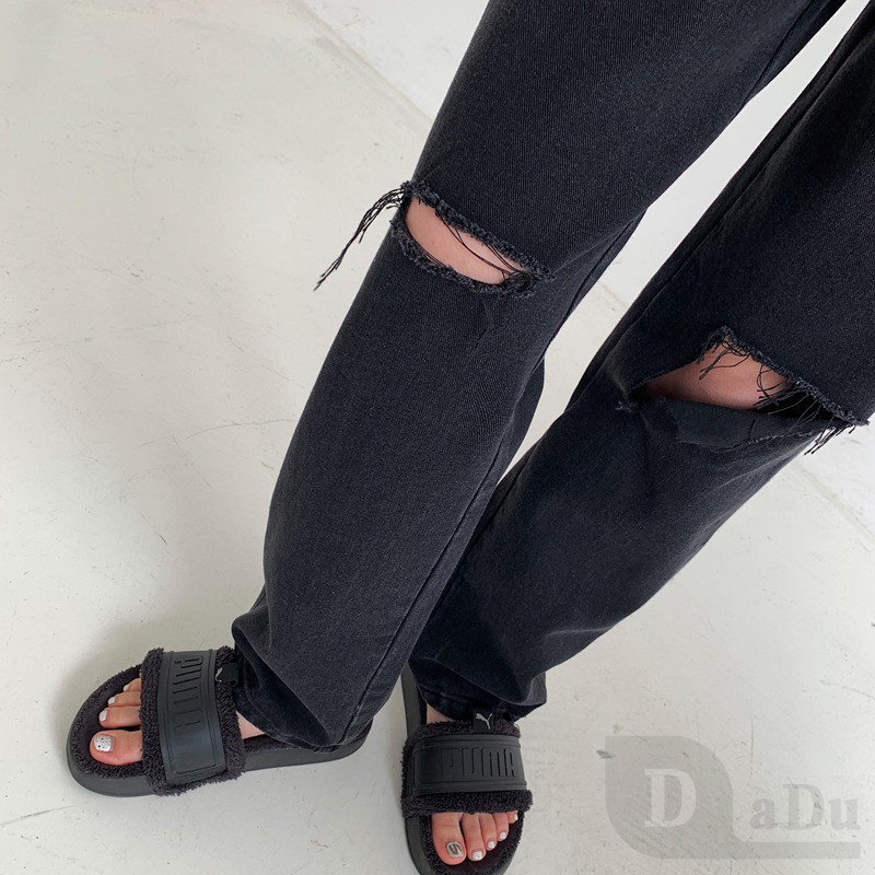 Daduhey Quần jeans dáng dài phối vết rách cá tính thời trang cho nữ