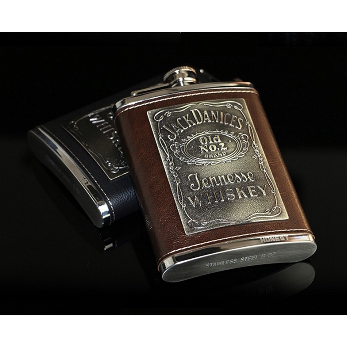 Bình rượu inox Honest 8oz bỏ túi, vỏ bọc da logo Jack Da.niel's