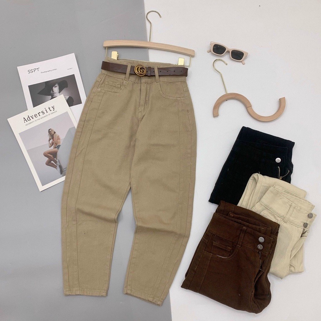 Quần kaki jeans lưng cao màu trơn gân trước phối túi thời trang Km6812