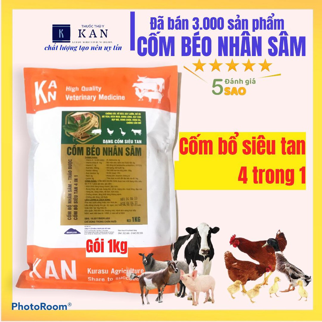 Siêu vỗ béo cho ngan gà vịt nhân sâm dạng cốm; vỗ béo cho gia súc gia cầm dày lườn, đẹp mã, vàng chân gói 1kg