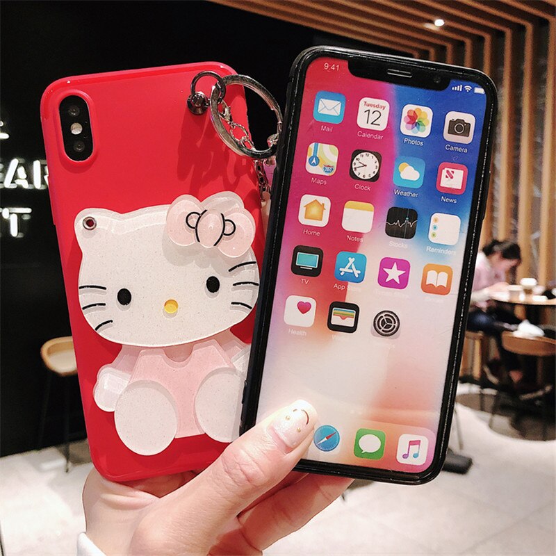 Ốp Điện Thoại Gắn Gương Hình Mèo Hello Kitty 3d + Dây Đeo Cho Iphone 12 Mini 11 Pro Xs Max X Xr 7 8 6 6s Plus Se Đứng