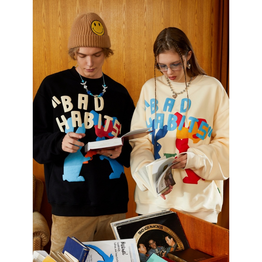 Áo Sweater In Chữ BAD HABIT Phối Màu Siu Xinh,Hình Độc Đáo Phong Cách Cá Tính Trẻ Trung Năng Động