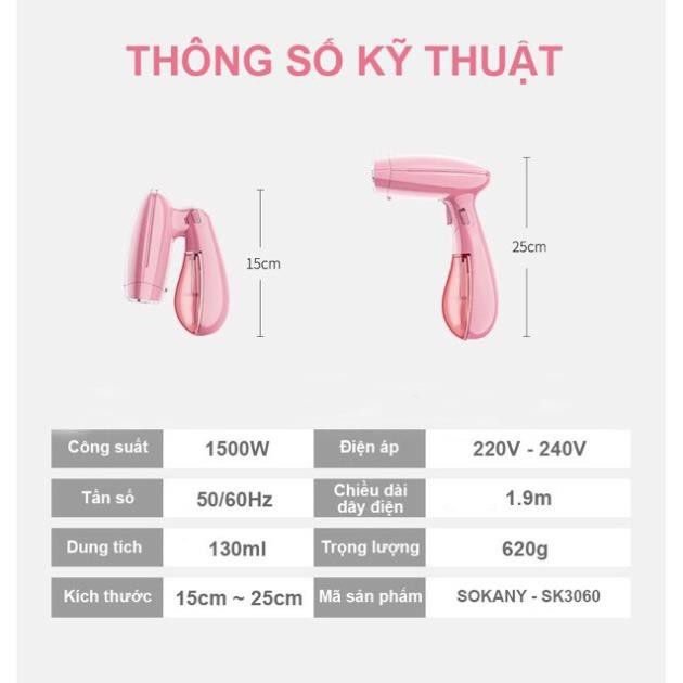 Bàn là hơi nước cầm tay SOKANY SK3060 [BH 12 THÁNG - FREE SHIP] Công Suất 1500W - Bàn Ủi Hơi Nước Gấp Gọn - MẪU MỚI